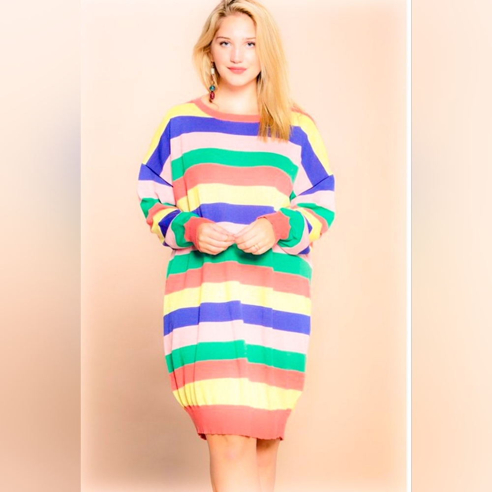 ODDY Rainbow Stripe Sweater Dress | Cozy Statement Knit | S–2X